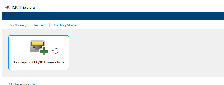 TCP/IP Explorer app with Configure TCP/IP Connection selected.