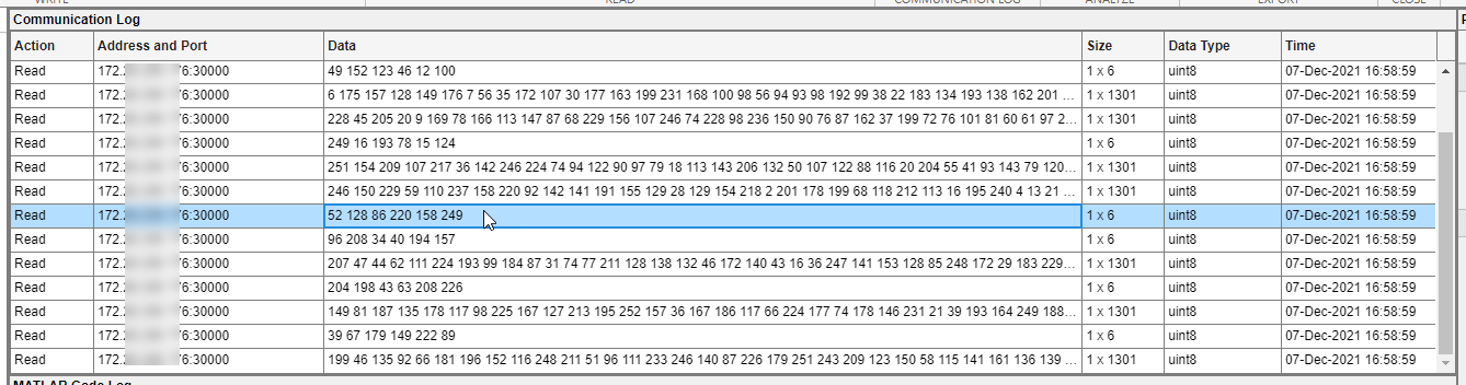 UDP Explorer app Communication Log pane.