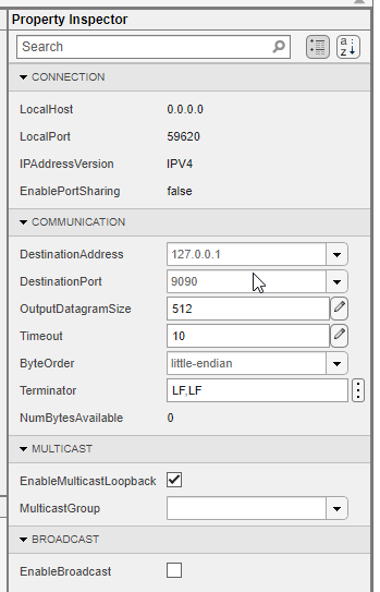 UDP Explorer app showing Property Inspector with specified DestinationAddress and DestinationPort.