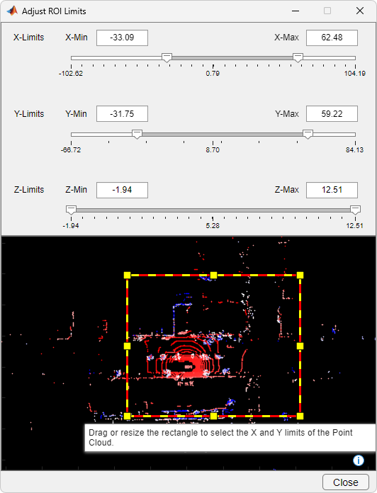 Dialog box to adjust ROI limits