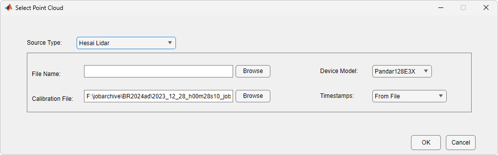 Import Hesai lidar dialog box