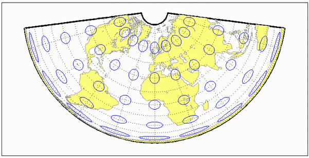 World map using Albers equal-area conic projection