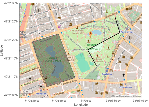 Geographic axes with a polygon, line, and marker plotted over an OpenStreetMap basemap. Unlike the web map, the geographic axes includes axis and tick labels.
