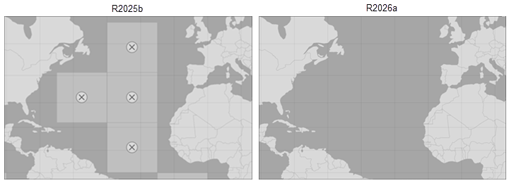 Side-by-side comparison of a map of the Atlantic Ocean in R2025b and R2026a. In R2025b, the basemap displays part of the ocean using missing tiles, which are medium gray squares with cross symbols. In R2026a, the basemap displays all of the ocean using the same color.