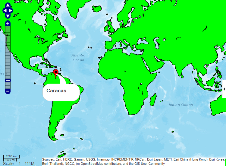 World map with red marker and label for Caracas