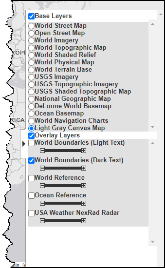 Layer Manager with Light Gray Canvas Map base layer and World Boundaries (Dark Text) overlay layer selected