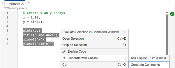 Code file in the Editor, showing a selection of code for plotting a sine wave and the Generate with Copilot > Generate Comments option selected in the context menu