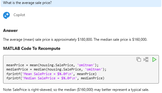 Copilot Chat response showing the average and median sale prices and generated code to recompute those prices