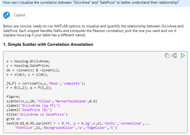 Copilot Chat panel showing code for generating a simple scatter plot of the GrLivArea and SalePrice variables, including a text annotation that displays their correlation