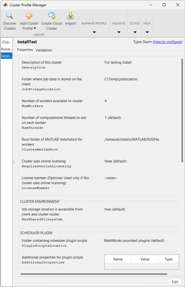 Cluster Profile Manager with the InstallTest cluster profile selected. The cluster properties with no additional properties for the InstallTest cluster are shown in the right pane.