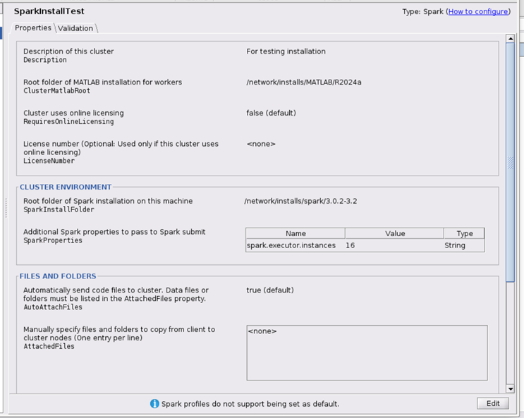 Cluster Profile Manager with the SparkInstallTest cluster profile selected. The properties of the InstallTest profile are displayed.