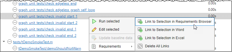 A test is selected in the is selected in the MATLAB editor.