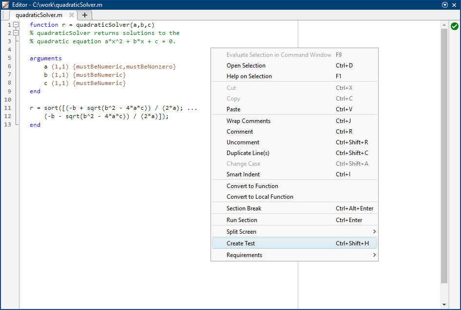 Selecting the Create Test option for the quadraticSolver function