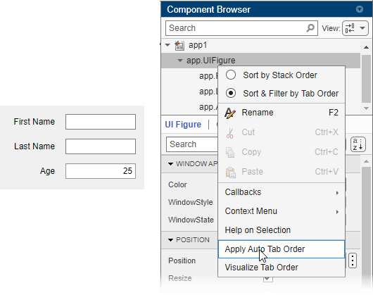 App layout with three edit fields next to the Component Browser. The app.UIFigure node has a context menu with the Apply Auto Tab Order option highlighted.