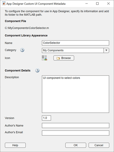 App Designer Custom UI Component Metadata dialog box for the ColorSelector component