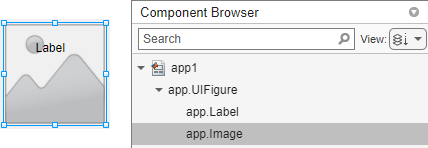 A label component on top of an image, and the Component Browser display, where the label is listed above the image.