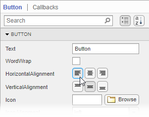 The Button tab of the Component Browser. The tab displays editable button properties such as Text, WordWrap, and HorizontalAlignment, along with their values.