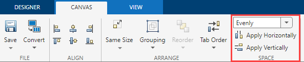 Canvas toolstrip tab in Design View. The Space section is highlighted.