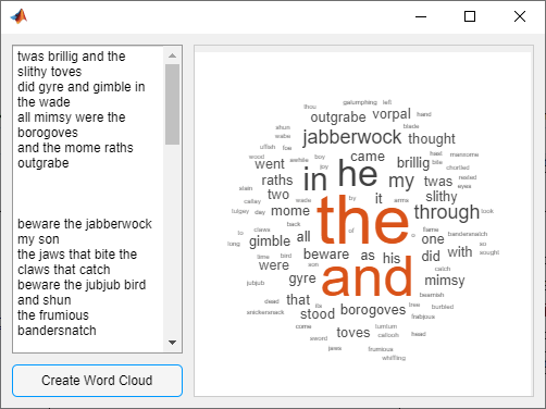 Word cloud app. The app has a text box with text, a button that says "Create Word Cloud", and a word cloud of the text in the text box.