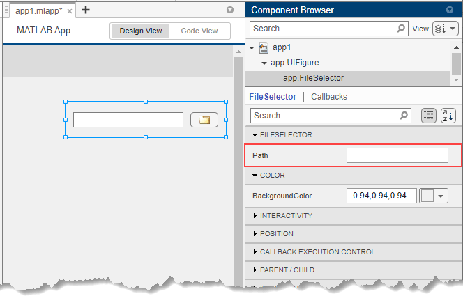 File selector component in an App Designer app. The component is selected and the Component Browser lists the Path property.