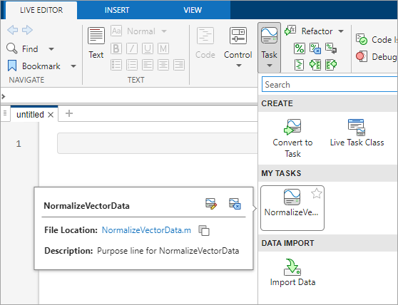 Live Editor task gallery showing the NormalizeVectorData custom task and options to configure the task metadata, remove the task, and open the class definition file