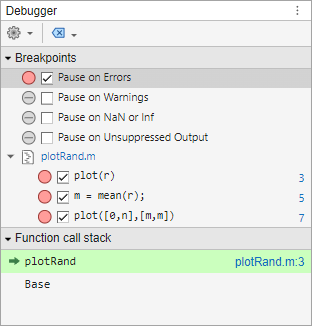 Debugger panel showing a Breakpoints section and a Function call stack section. The Breakpoints section shows Pause on Errors selected, as well as three enabled breakpoints in the plotRand.m file. The Function call stack section shows that the debugger is paused at line 3 of plotRand.m.