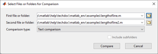 Select Files or Folders for Comparison dialog box with text boxes for specifying the two files or folders to compare and a drop-down list for selecting the comparison type