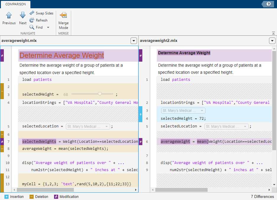 Live code comparison results for the files averageweight.mlx and averageweight2.mlx