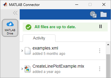 MATLAB Drive Connector showing a green check mark status icon and the status "All files are up to date" and a list of recently synced files