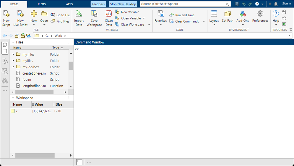 MATLAB desktop showing the left sidebar containing five tool icons, two of which are grouped together and enabled, and the bottom sidebar containing one tool icon for the Command Window. The Command Window is open above the bottom sidebar. The Files panel and the Workspace panel are open on the left side of the desktop.