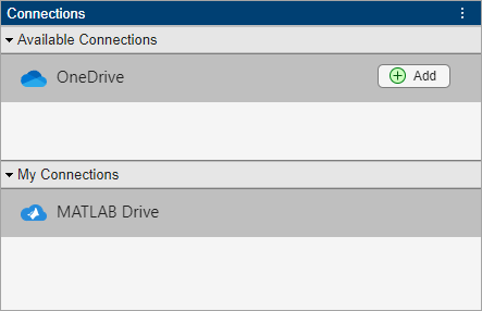Connections panel with two sections: Available Connections and My Connections. The Available Connections section shows OneDrive with an Add button. The My Connections section shows MATLAB Drive.