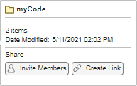 Folder preview popup showing information about the folder and a share section containing an Invite Members button and a Create Link button