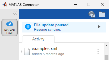 MATLAB Connector window displaying "File update paused" status