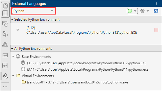A screenshot of the External Languages panel in MATLAB showing Python environments. The selected Python environment is version 3.12 located at "C:\Users\user\AppData\Local\Programs\Python\Python312\python.EXE". Under "All Python Environments," two base environments are listed: Python 3.12 and Python 3.11, each with their respective file paths. There is also a "Virtual Environments" section showing an environment named "sandbox01 - 3.12" located at "C:\Users\user\sandbox01\Scripts\pythonw.exe".