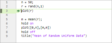 plotRand script with a green arrow and green highlighting on line 3, indicating that MATLAB is paused at line 3