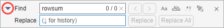 Find and Replace dialog box showing two boxes, one for the text to search for and one for the text to replace it with. The button to the left of the Find box, used to show and hide replace options, is circled.