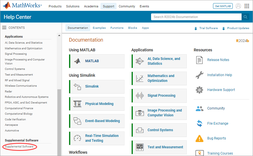 Help browser home page. The Supplemental Software section on the left of the page contains a link to the Upslope Area Toolbox documentation.