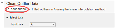 Clean Outlier Data task with the text box for the output argument name circled