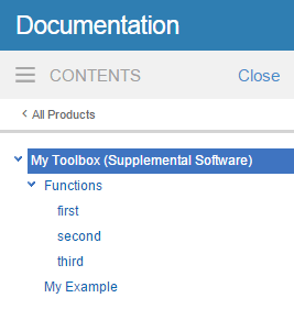 Help browser with My Toolbox (Supplemental Software) selected and expanded on the left side. My Toolbox contains a Functions section and an entry named My Example. The Functions section contains three functions.