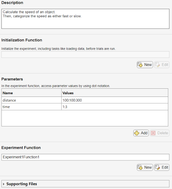 Experiment definition tab containing the experiment description, optional initialization function, parameter names and values, and experiment function name