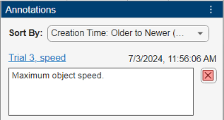 Annotations panel showing that the speed parameter of trial 3 has the maximum object speed