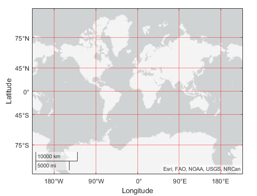 Geographic axes with red grid lines