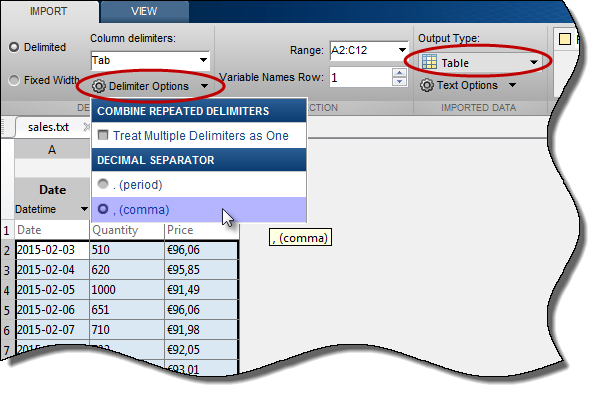 Import Tool settings. The Output Type field is set to Table, and the Delimiter Options field is set to a comma decimal separator.