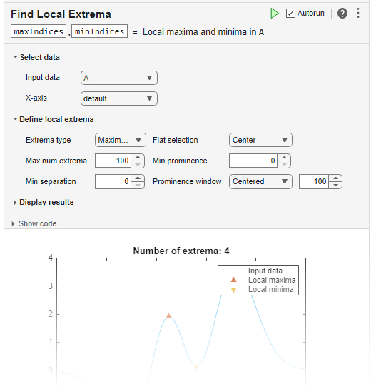 Find Local Extrema task in the Live Editor