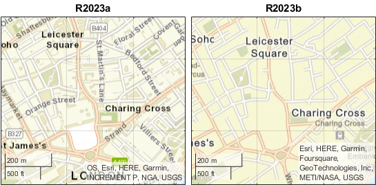 Comparison of basemaps in R2023a and R2023b. The basemap in R2023b shows fewer street names than the basemap in R2023a.