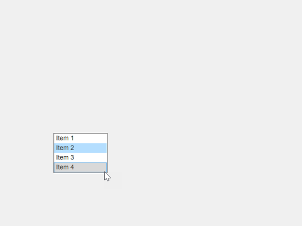 List box in a UI figure with four items: "Item 1", "Item 2", "Item 3", and "Item 4". The pointer is on "Item 4", and both "Item 2" and "Item 4" are selected.