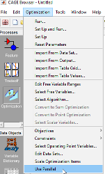 CAGE Browser window showing Optimization menu expanded with options like Run, Import, Edit Variables, and Use Parallel.