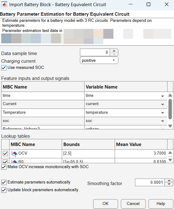 Import dialog displaying the bounds for the lookup tables and the parameters.