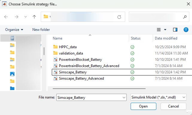 Choose Simulink strategy file dialog box