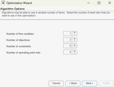 Optimization Wizard dialog box displaying Algorithm Options page with the Number of objectives enabled.